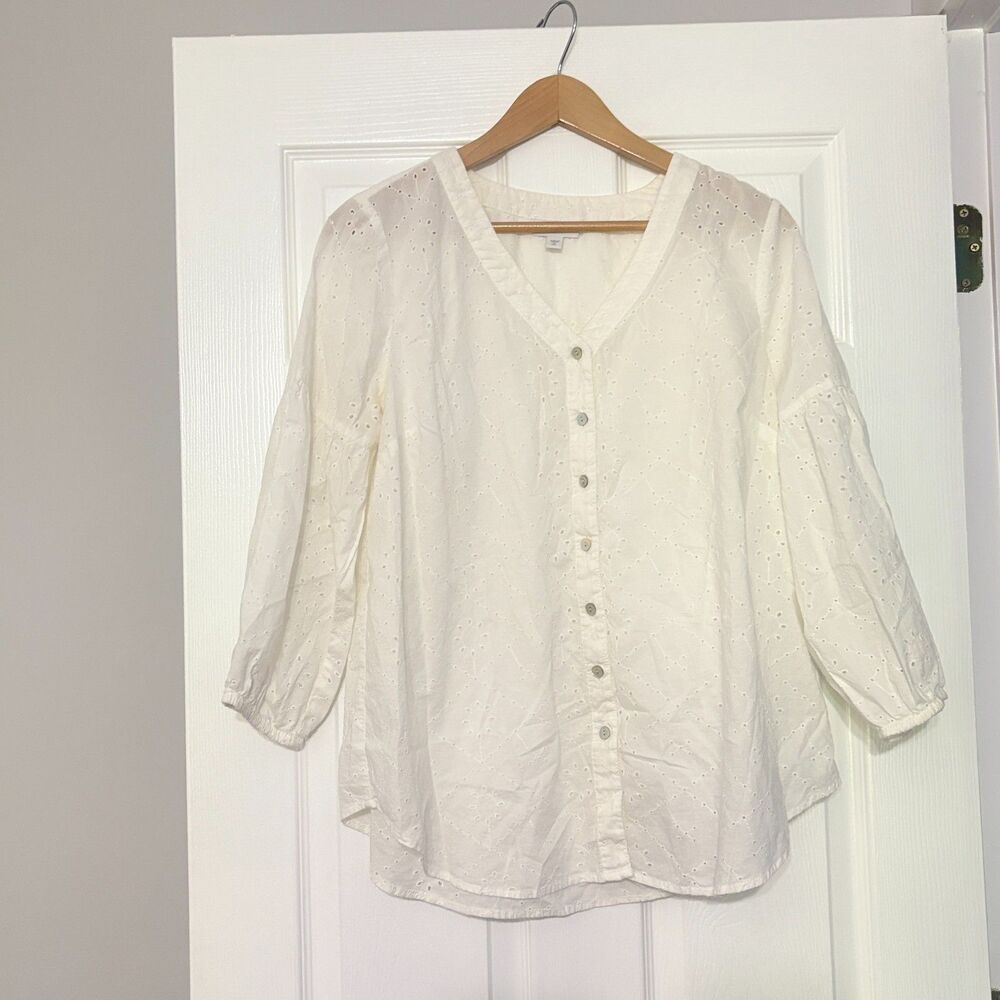 J. Jill Blouse Womens M/Tall White Eyelet Cottagecore Feminine Cotton New